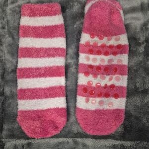Pink and White Striped Fuzzy Socks